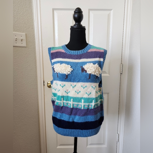 Vintage 80s The Eagles Eye Blue Wool Sheep Pasture Pastel Sweater L - Picture 1 of 11